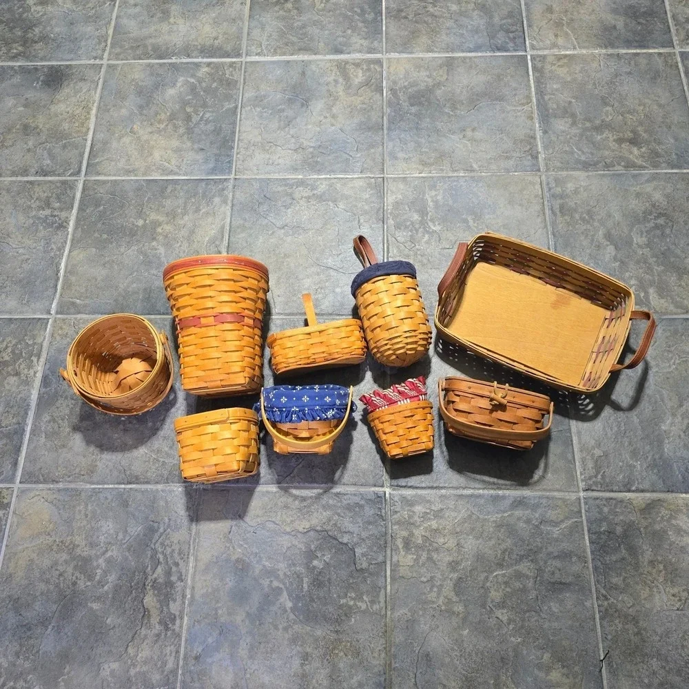 Longaberger Basket Lot 9pc Mixed Sizes Brown Vintage Handwoven Maple Wood Decor